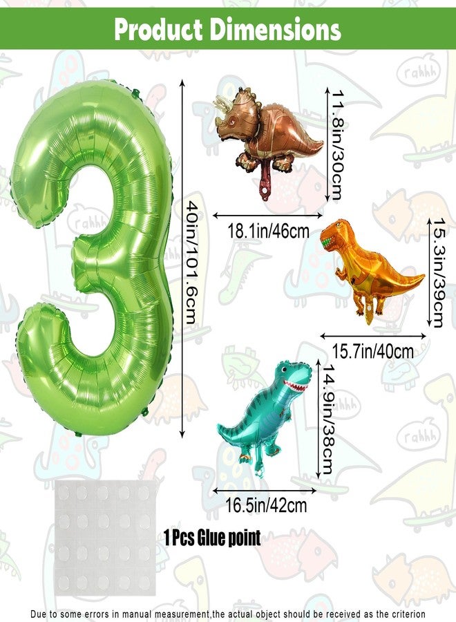 Ysqool Dinosaur Green Number 3 Balloon, 40 In Large Foil Helium Balloon with Mini Dino Mylar Balloons, Dinosaur Birthday Decorations for Kids, Dinosaur Balloons Set for 3rd Birthday Party Supplies (Number 3) - Image 2